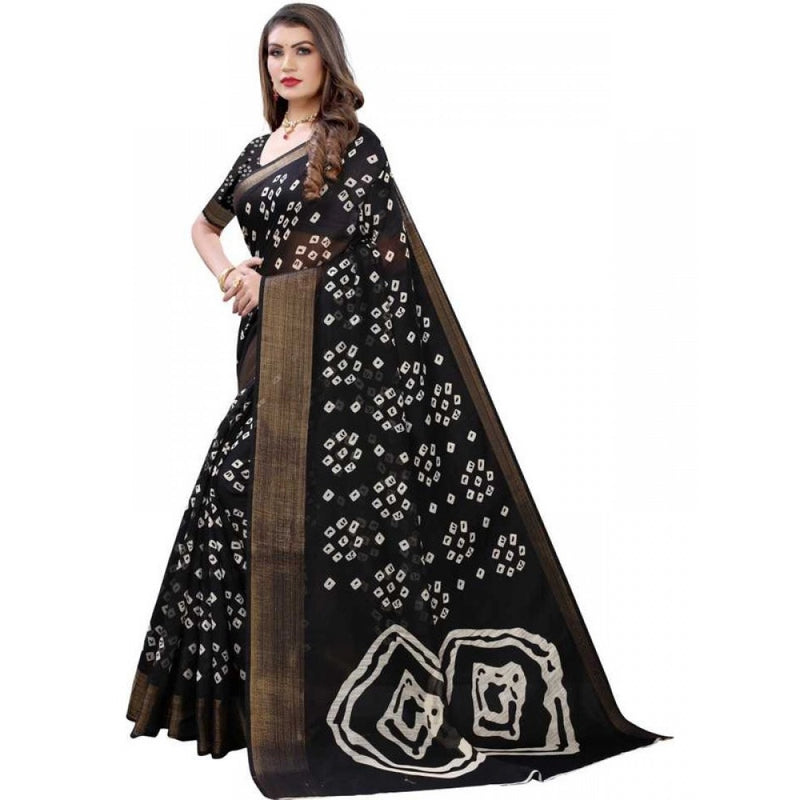 Mayawye Women's Cotton Silk Bandhni Saree With Unstitched Blouse 5.5Mtr (Black)