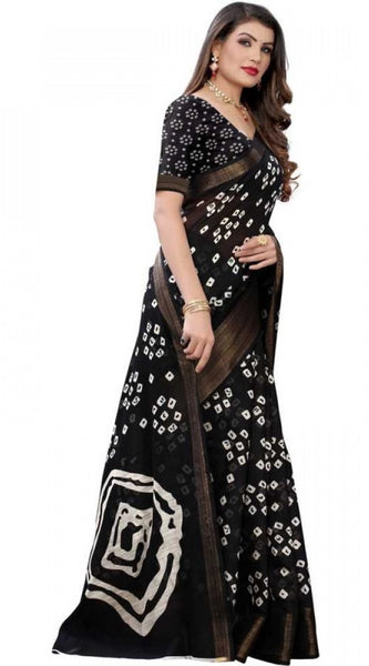 Mayawye Women's Cotton Silk Bandhni Saree With Unstitched Blouse 5.5Mtr (Black)