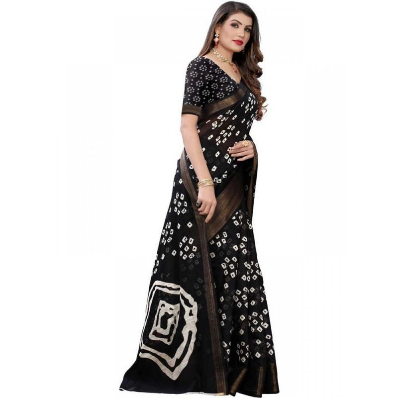 Mayawye Women's Cotton Silk Bandhni Saree With Unstitched Blouse 5.5Mtr (Black)