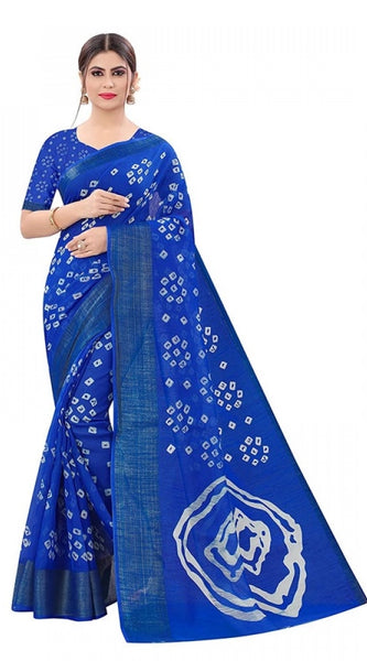 Mayawye Women's Cotton Silk Bandhni Saree With Unstitched Blouse 5.5Mtr (Royal Blue)