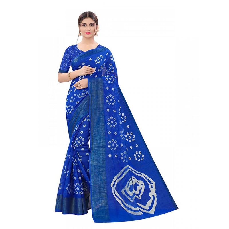 Mayawye Women's Cotton Silk Bandhni Saree With Unstitched Blouse 5.5Mtr (Royal Blue)