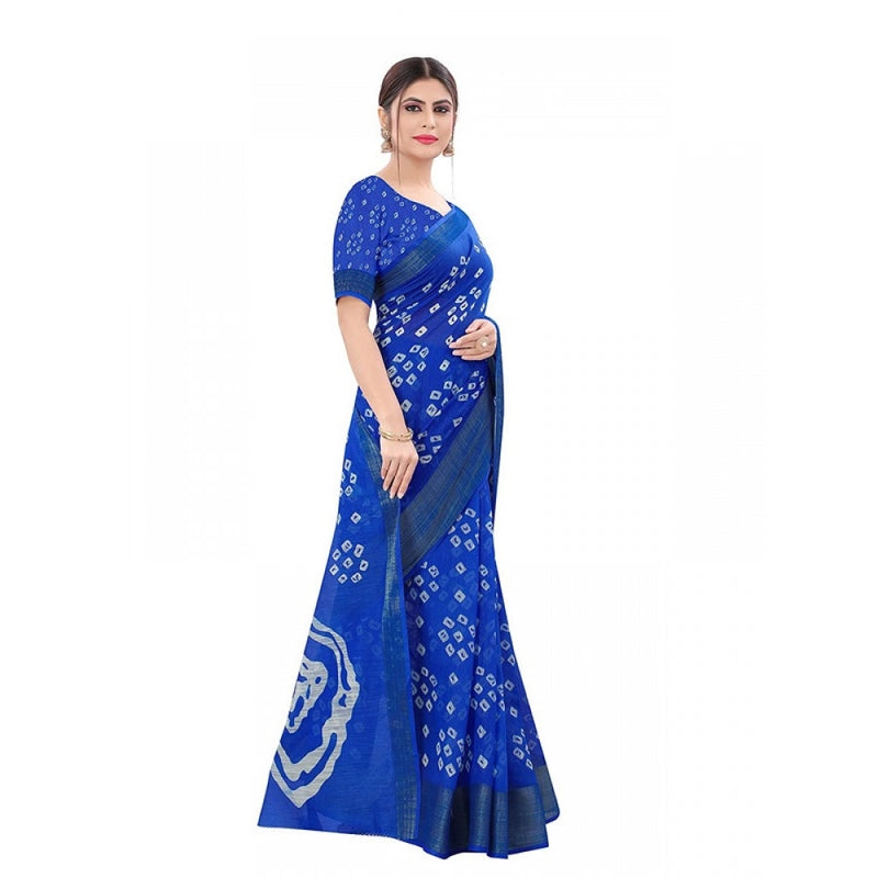 Mayawye Women's Cotton Silk Bandhni Saree With Unstitched Blouse 5.5Mtr (Royal Blue)