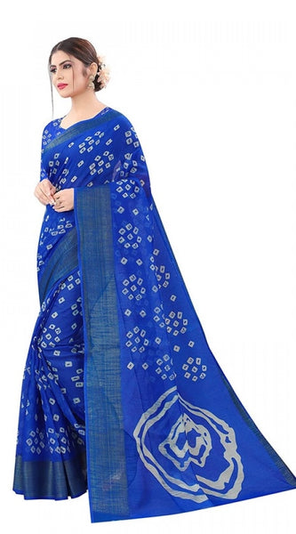 Mayawye Women's Cotton Silk Bandhni Saree With Unstitched Blouse 5.5Mtr (Royal Blue)