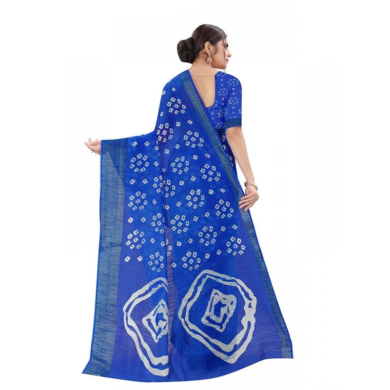 Mayawye Women's Cotton Silk Bandhni Saree With Unstitched Blouse 5.5Mtr (Royal Blue)