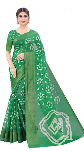 Mayawye Women's Cotton Silk Bandhni Saree With Unstitched Blouse 5.5Mtr (Light Green)