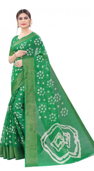 Mayawye Women's Cotton Silk Bandhni Saree With Unstitched Blouse 5.5Mtr (Light Green)