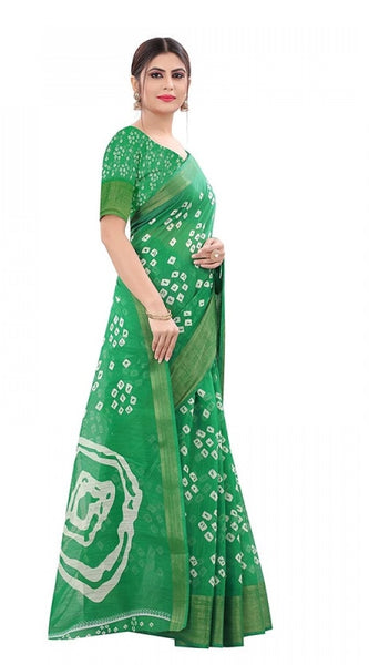 Mayawye Women's Cotton Silk Bandhni Saree With Unstitched Blouse 5.5Mtr (Light Green)