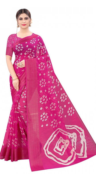 Mayawye Women's Cotton Silk Bandhni Saree With Unstitched Blouse 5.5Mtr (Pink)