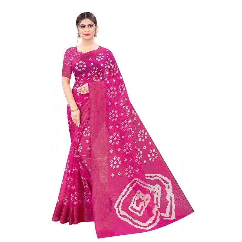 Mayawye Women's Cotton Silk Bandhni Saree With Unstitched Blouse 5.5Mtr (Pink)