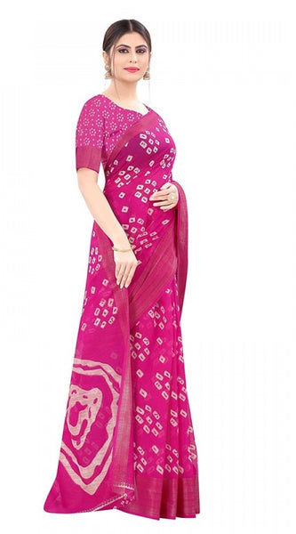 Mayawye Women's Cotton Silk Bandhni Saree With Unstitched Blouse 5.5Mtr (Pink)