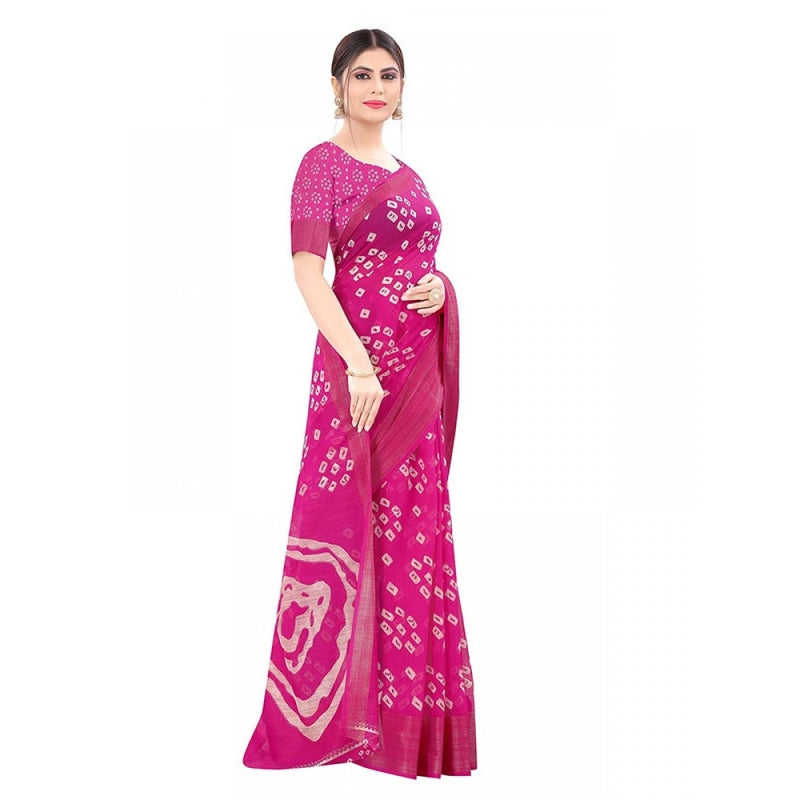 Mayawye Women's Cotton Silk Bandhni Saree With Unstitched Blouse 5.5Mtr (Pink)