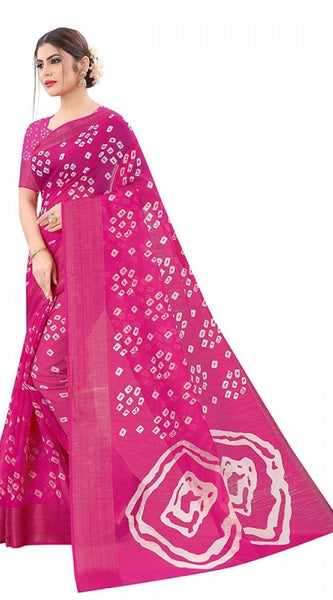 Mayawye Women's Cotton Silk Bandhni Saree With Unstitched Blouse 5.5Mtr (Pink)