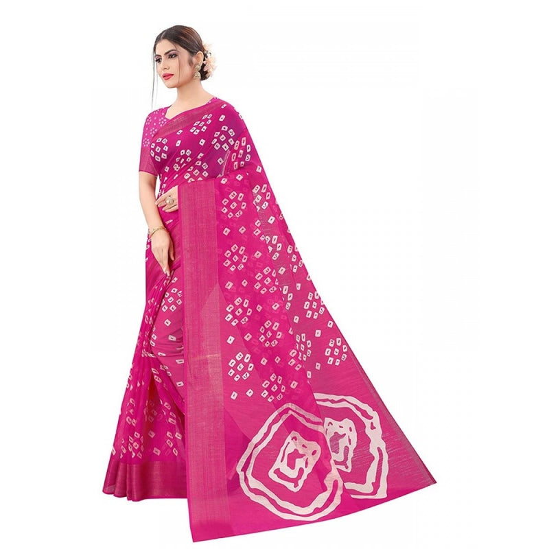 Mayawye Women's Cotton Silk Bandhni Saree With Unstitched Blouse 5.5Mtr (Pink)