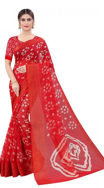 Mayawye Women's Cotton Silk Bandhni Saree With Unstitched Blouse 5.5Mtr (Red)