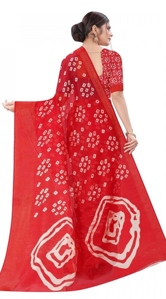 Mayawye Women's Cotton Silk Bandhni Saree With Unstitched Blouse 5.5Mtr (Red)