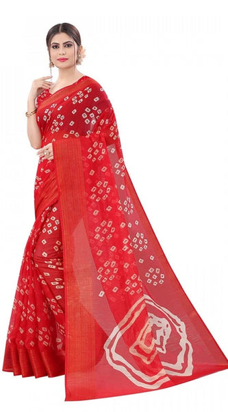 Mayawye Women's Cotton Silk Bandhni Saree With Unstitched Blouse 5.5Mtr (Red)