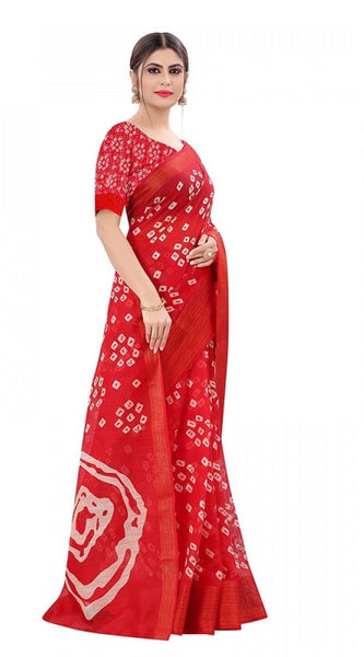 Mayawye Women's Cotton Silk Bandhni Saree With Unstitched Blouse 5.5Mtr (Red)