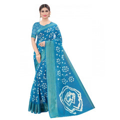 Mayawye Women's Cotton Silk Bandhni Saree With Unstitched Blouse 5.5Mtr (Sky Blue)