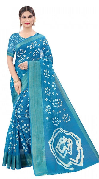 Mayawye Women's Cotton Silk Bandhni Saree With Unstitched Blouse 5.5Mtr (Sky Blue)