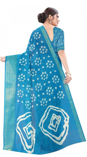 Mayawye Women's Cotton Silk Bandhni Saree With Unstitched Blouse 5.5Mtr (Sky Blue)