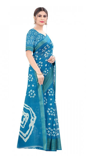 Mayawye Women's Cotton Silk Bandhni Saree With Unstitched Blouse 5.5Mtr (Sky Blue)