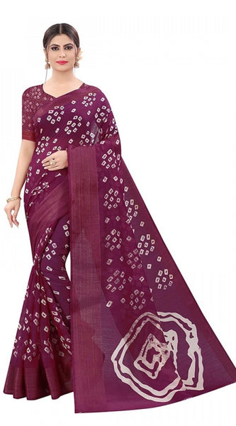 Mayawye Women's Cotton Silk Bandhni Saree With Unstitched Blouse 5.5Mtr (Purple)
