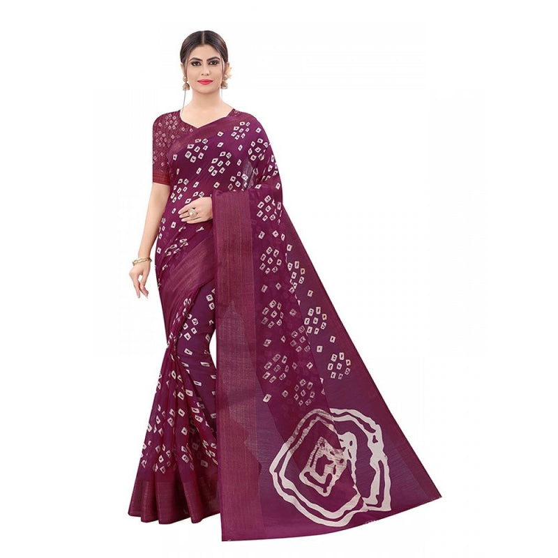 Mayawye Women's Cotton Silk Bandhni Saree With Unstitched Blouse 5.5Mtr (Purple)
