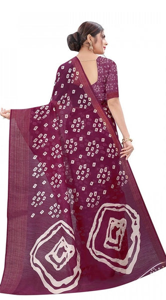 Mayawye Women's Cotton Silk Bandhni Saree With Unstitched Blouse 5.5Mtr (Purple)