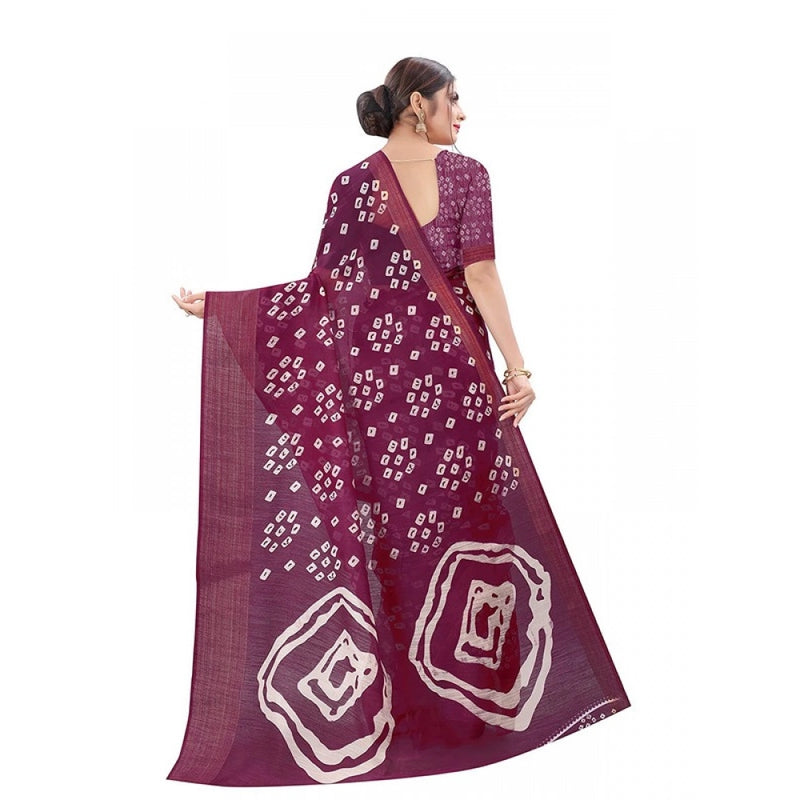 Mayawye Women's Cotton Silk Bandhni Saree With Unstitched Blouse 5.5Mtr (Purple)