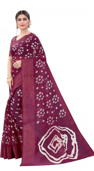 Mayawye Women's Cotton Silk Bandhni Saree With Unstitched Blouse 5.5Mtr (Purple)