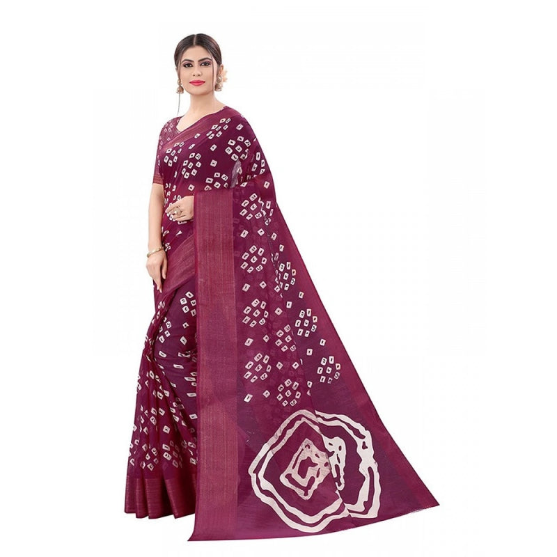 Mayawye Women's Cotton Silk Bandhni Saree With Unstitched Blouse 5.5Mtr (Purple)