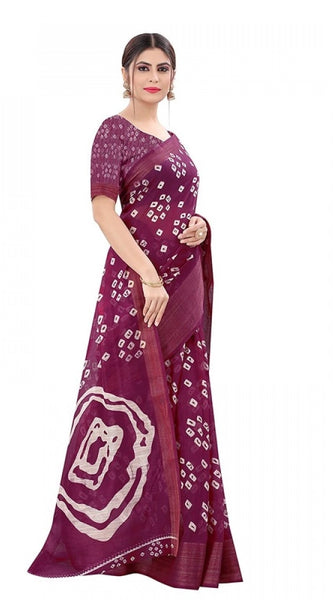 Mayawye Women's Cotton Silk Bandhni Saree With Unstitched Blouse 5.5Mtr (Purple)