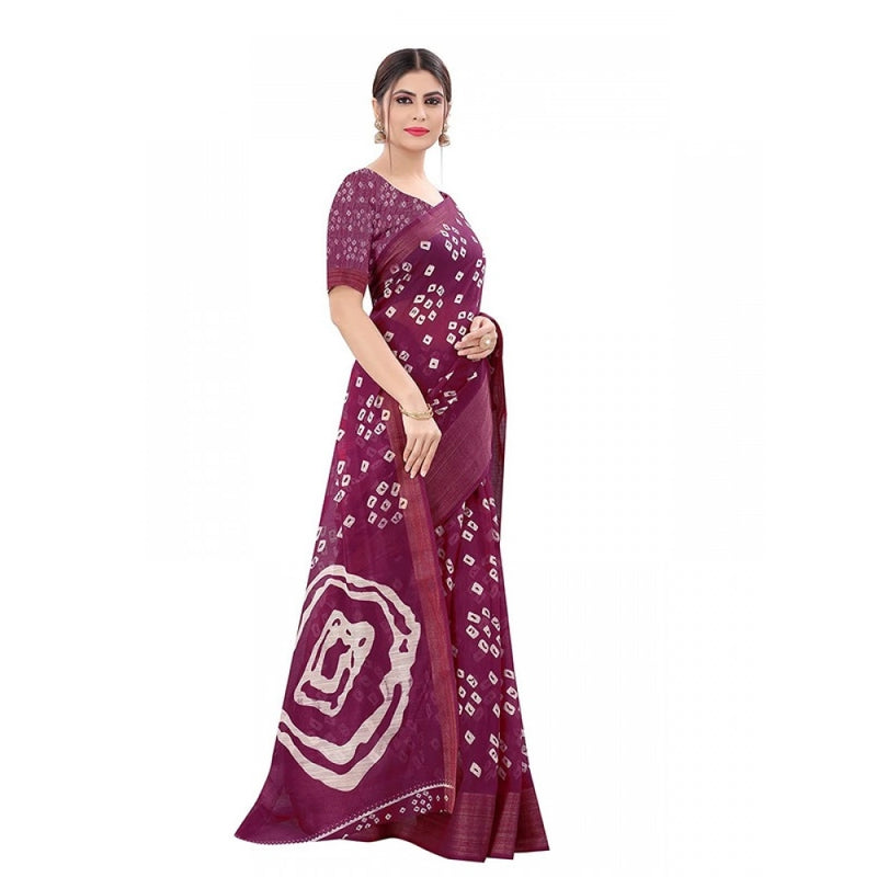 Mayawye Women's Cotton Silk Bandhni Saree With Unstitched Blouse 5.5Mtr (Purple)