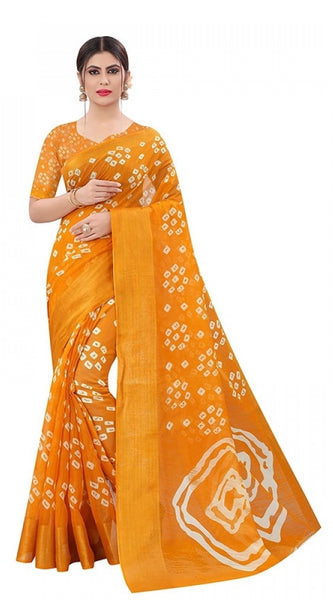 Mayawye Women's Cotton Silk Bandhni Saree With Unstitched Blouse 5.5Mtr (Yellow)