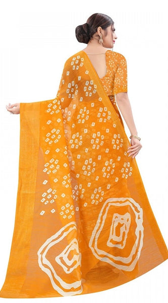 Mayawye Women's Cotton Silk Bandhni Saree With Unstitched Blouse 5.5Mtr (Yellow)