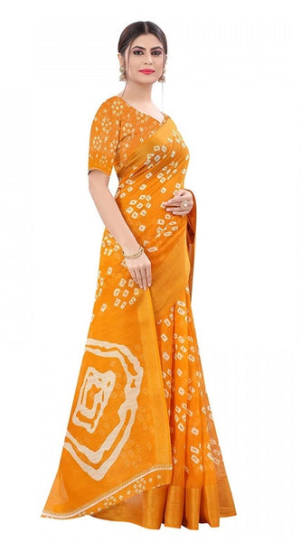 Mayawye Women's Cotton Silk Bandhni Saree With Unstitched Blouse 5.5Mtr (Yellow)