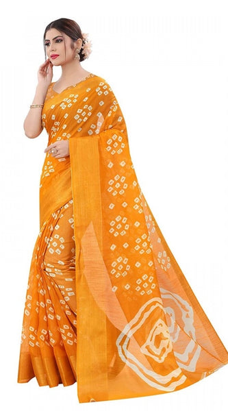Mayawye Women's Cotton Silk Bandhni Saree With Unstitched Blouse 5.5Mtr (Yellow)