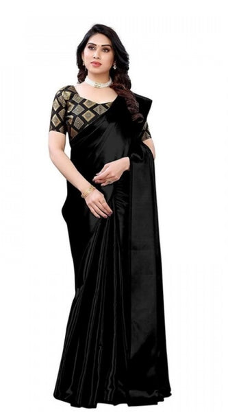 Mayawye Women's Satin Printed Saree With Unstitched Blouse 5.5Mtr (Black)