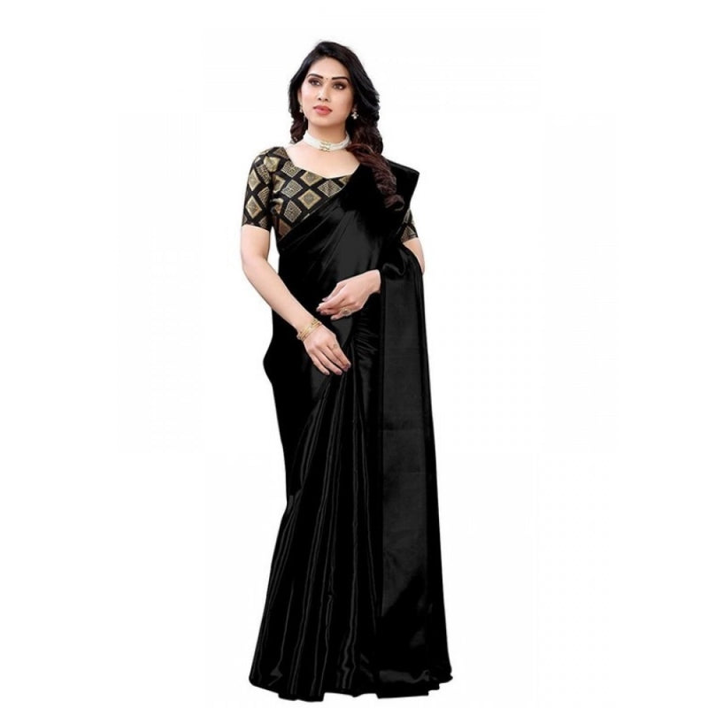 Mayawye Women's Satin Printed Saree With Unstitched Blouse 5.5Mtr (Black)