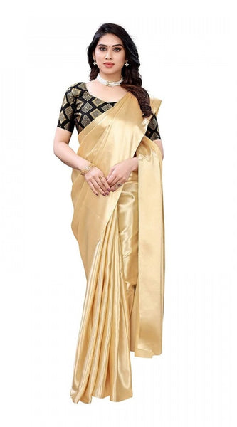Mayawye Women's Satin Printed Saree With Unstitched Blouse 5.5Mtr (Chiku)