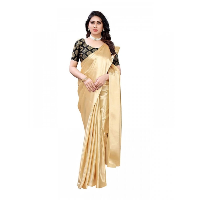 Mayawye Women's Satin Printed Saree With Unstitched Blouse 5.5Mtr (Chiku)