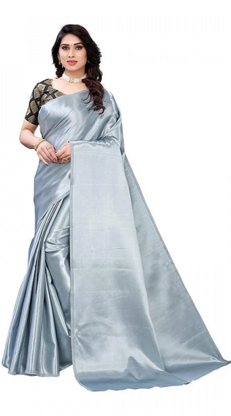 Mayawye Women's Satin Printed Saree With Unstitched Blouse 5.5Mtr (Grey)