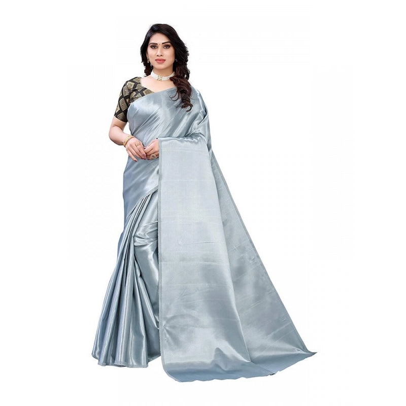 Mayawye Women's Satin Printed Saree With Unstitched Blouse 5.5Mtr (Grey)