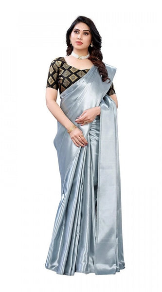 Mayawye Women's Satin Printed Saree With Unstitched Blouse 5.5Mtr (Grey)