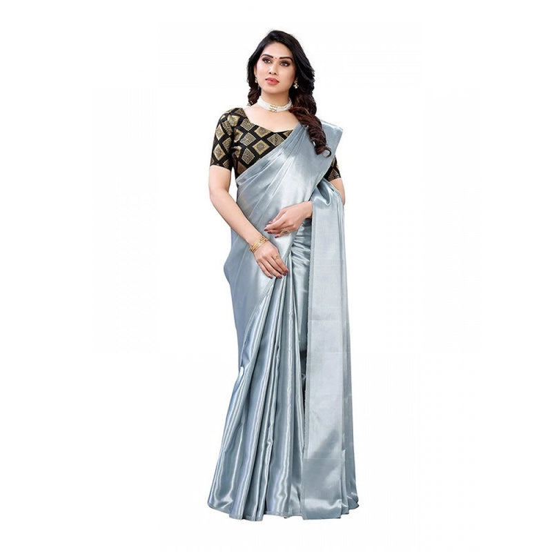 Mayawye Women's Satin Printed Saree With Unstitched Blouse 5.5Mtr (Grey)