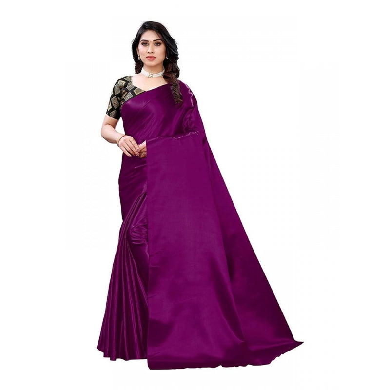 Mayawye Women's Satin Printed Saree With Unstitched Blouse 5.5Mtr (Purple)