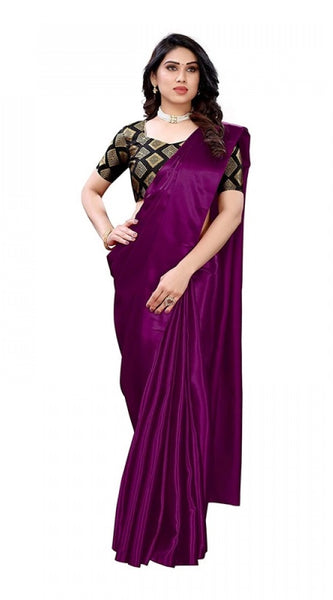 Mayawye Women's Satin Printed Saree With Unstitched Blouse 5.5Mtr (Purple)