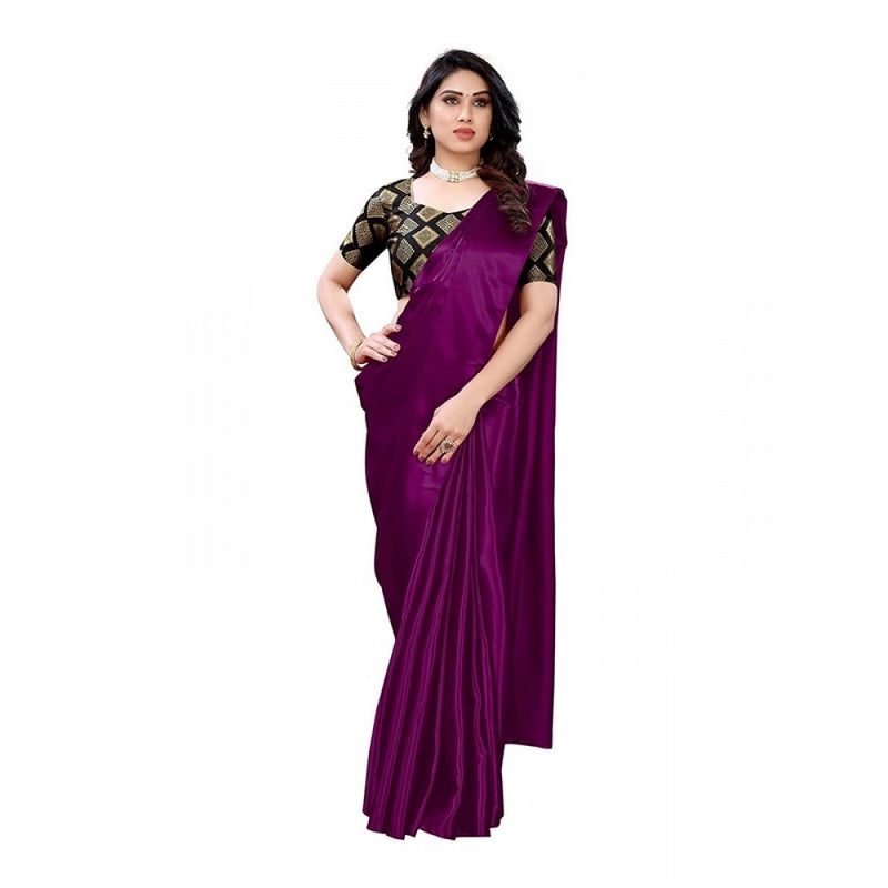 Mayawye Women's Satin Printed Saree With Unstitched Blouse 5.5Mtr (Purple)