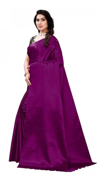 Mayawye Women's Satin Printed Saree With Unstitched Blouse 5.5Mtr (Purple)