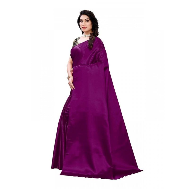 Mayawye Women's Satin Printed Saree With Unstitched Blouse 5.5Mtr (Purple)